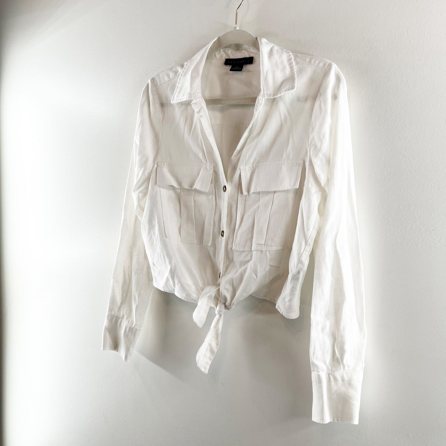 Sanctuary Utility Long Sleeve Chest Pocket Tie-Front Button-Up Shirt White XS