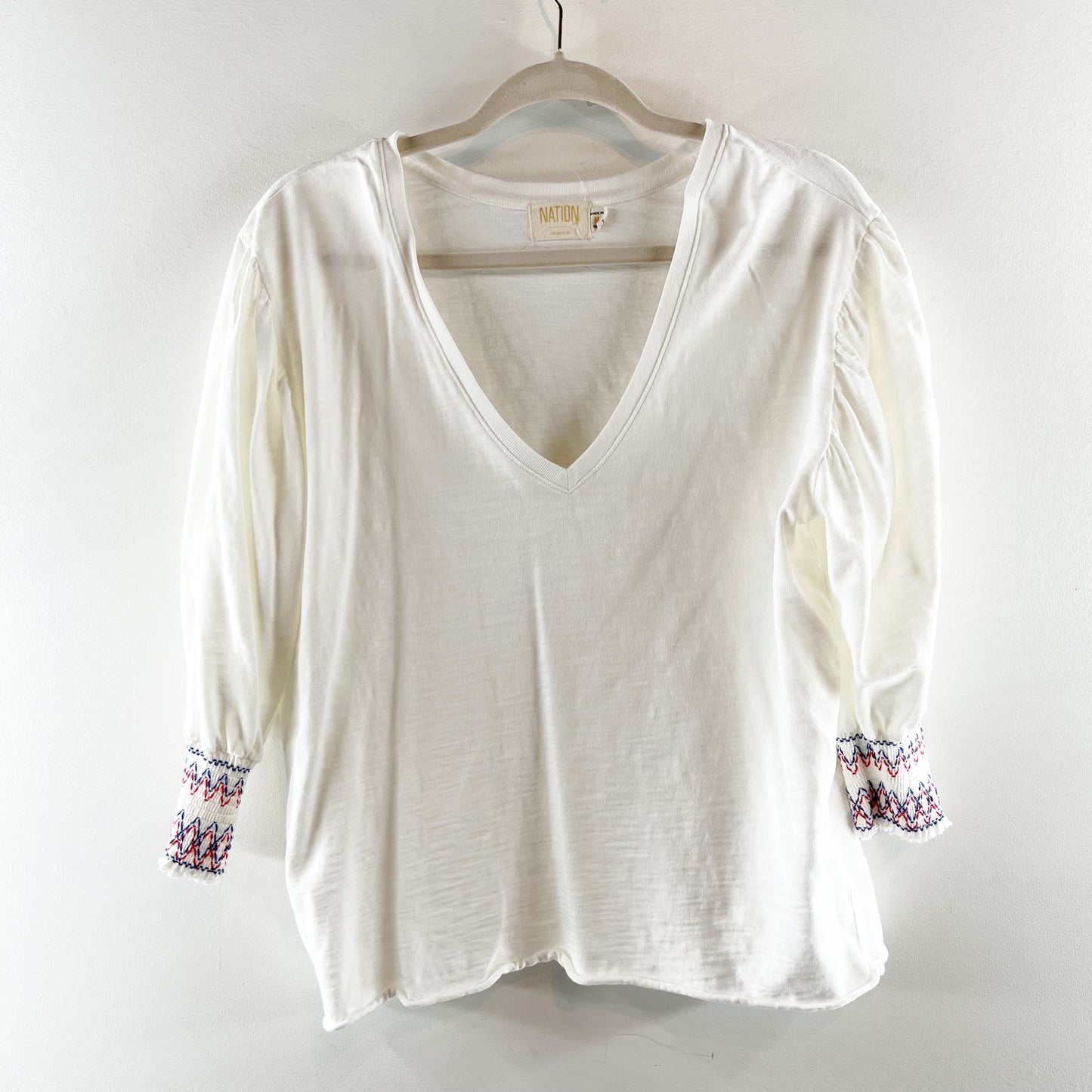 Nation LTD 100% Cotton Puff Sleeve V-Neck 3/4 Blouse Tee Shirt White Medium