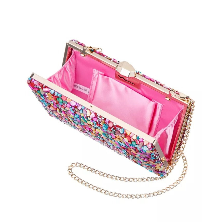 Nina Rock Candy Beaded Minaudiere Clutch Bag Crossbody Purse Pink Gold
