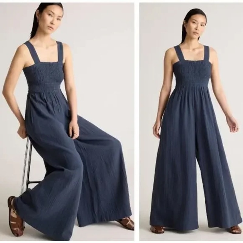 Quince Organic Cotton Gauze Smocked Wide Leg Jumpsuit Indigo Blue Medium