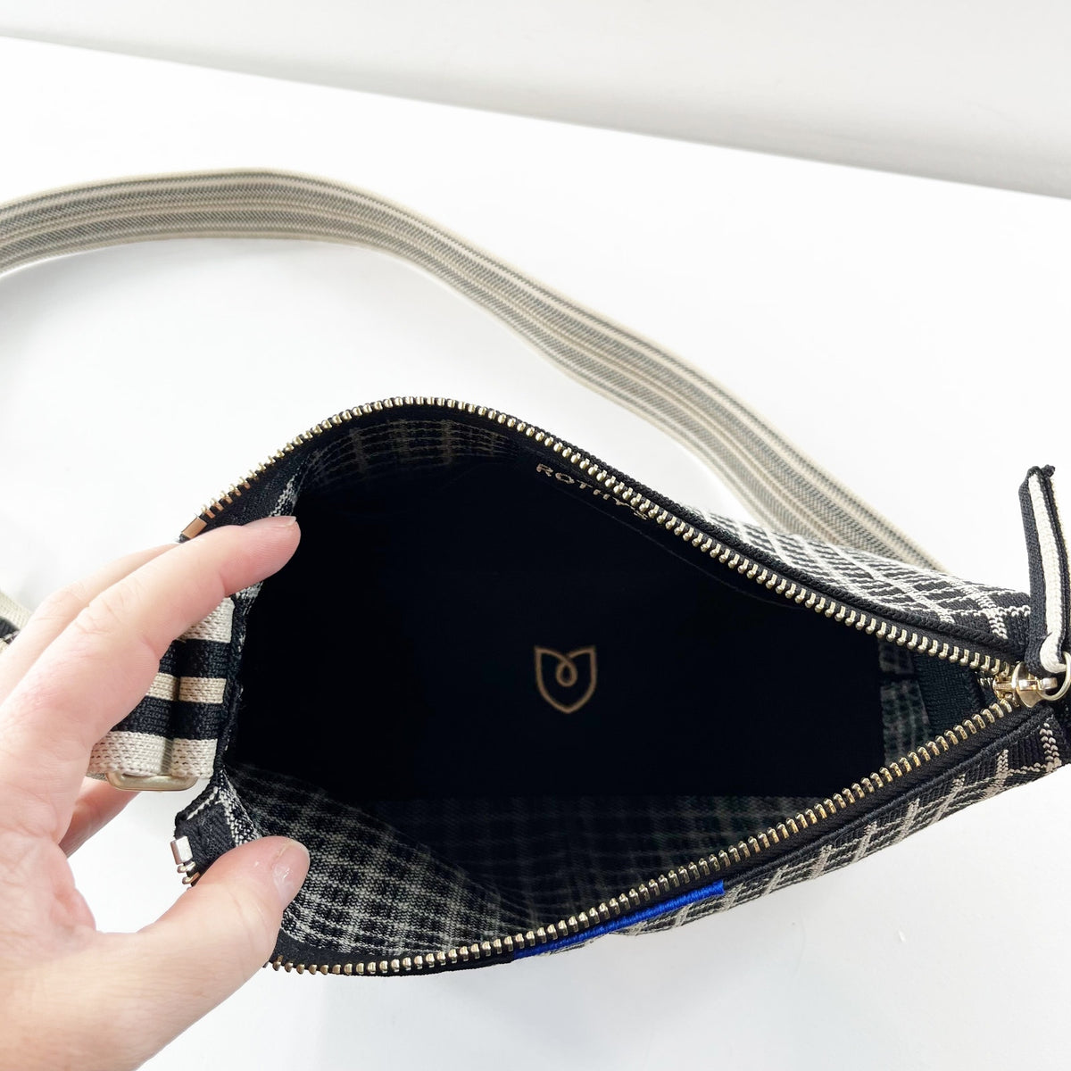 Rothy's The Casual Crossbody Bag Purse Black with Ivory Grid Print