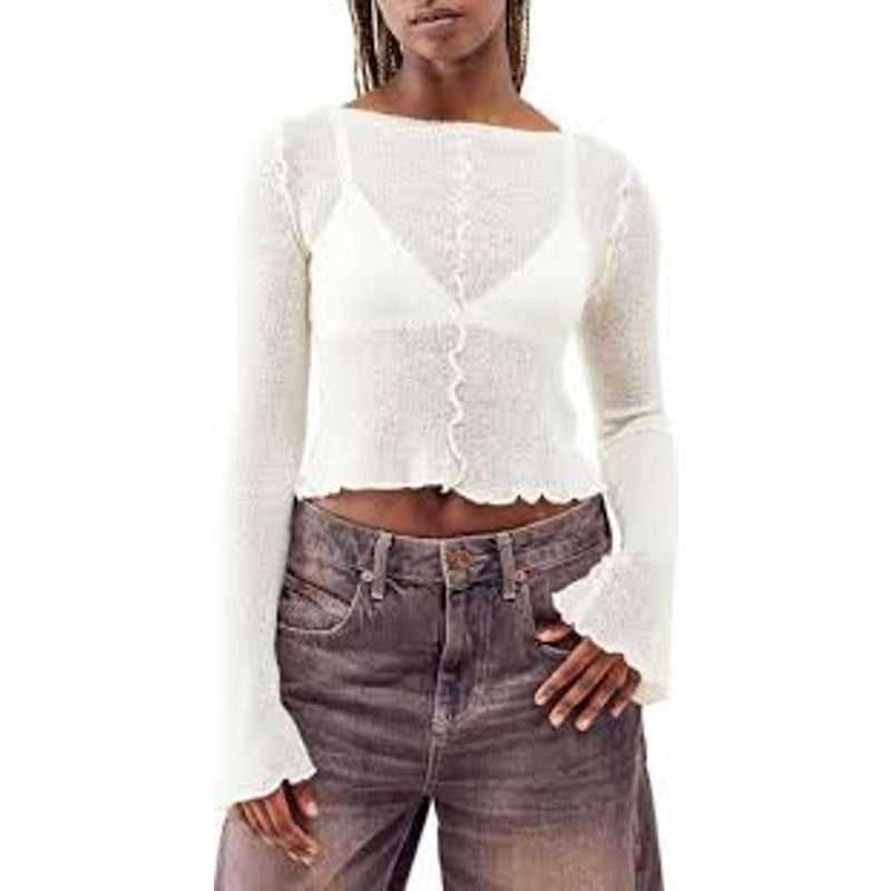 Urban Outfitters Sheer Boatneck Lettuce Trim Bell Sleeve Sweater Top Cream Small