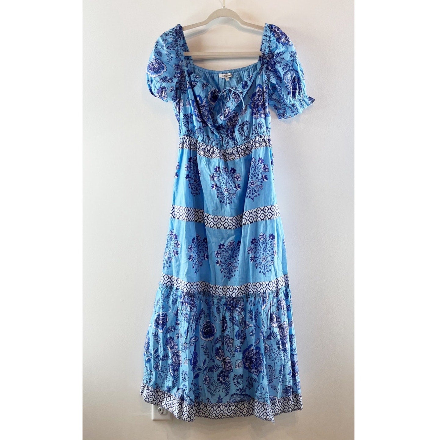 Celina Moon Short Puff Sleeve Printed Tie Front Maxi Dress Blue Medium