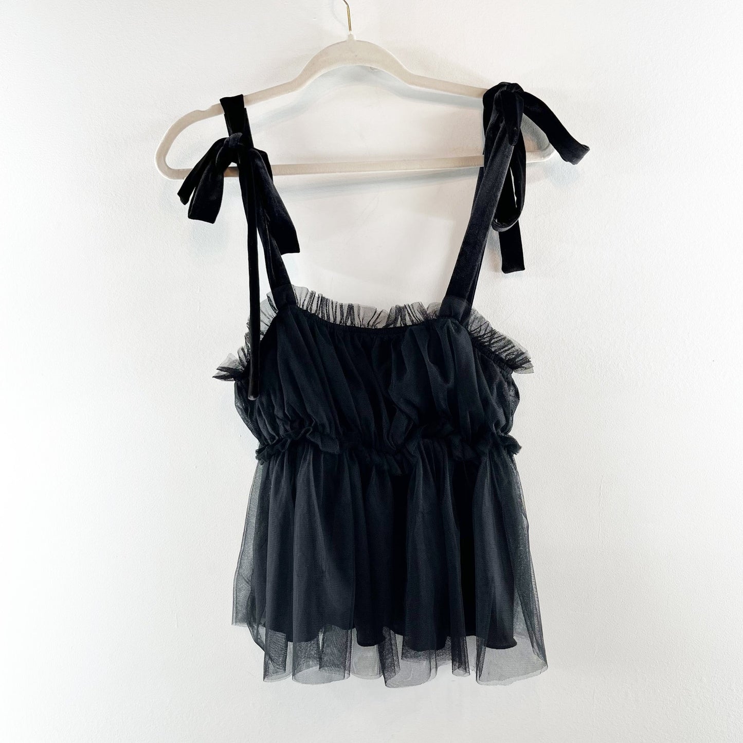 Sunday In Brooklyn Anthropologie Velvet Tie Strap Tulle Peplum Tank Top Black XS