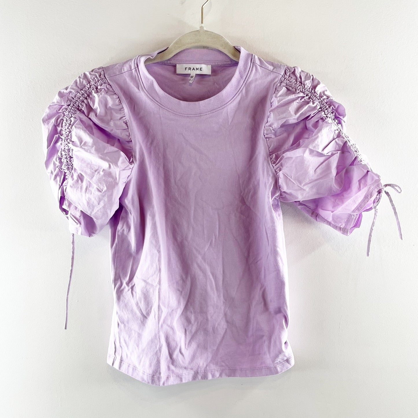 FRAME Organic Cotton Puff Ruched Short Sleeve Tee Shirt Top Lilac Purple XS