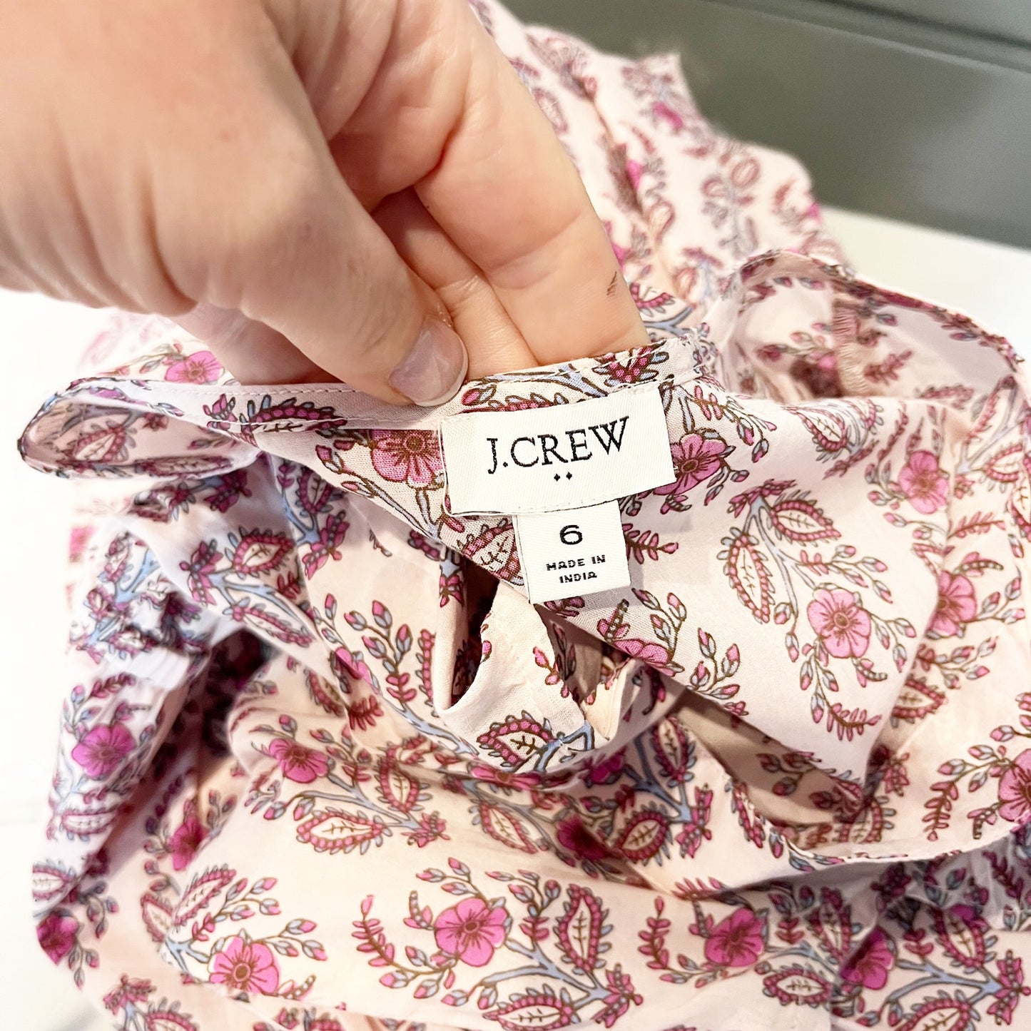 J. Crew Printed Ruffle Sleeve Cotton Midi Dress with Pockets Pink 6