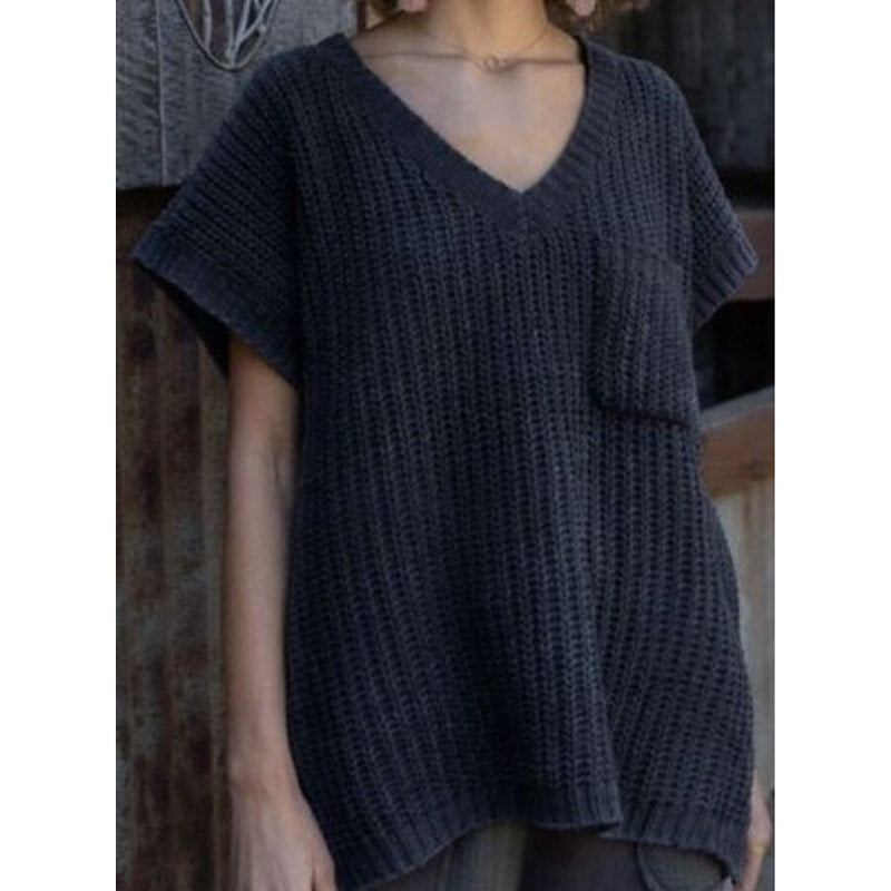 Pol Short Sleeve V-Neckline Sweater Boxy Fit Chunky Knit Hi-Low Hem Black Small