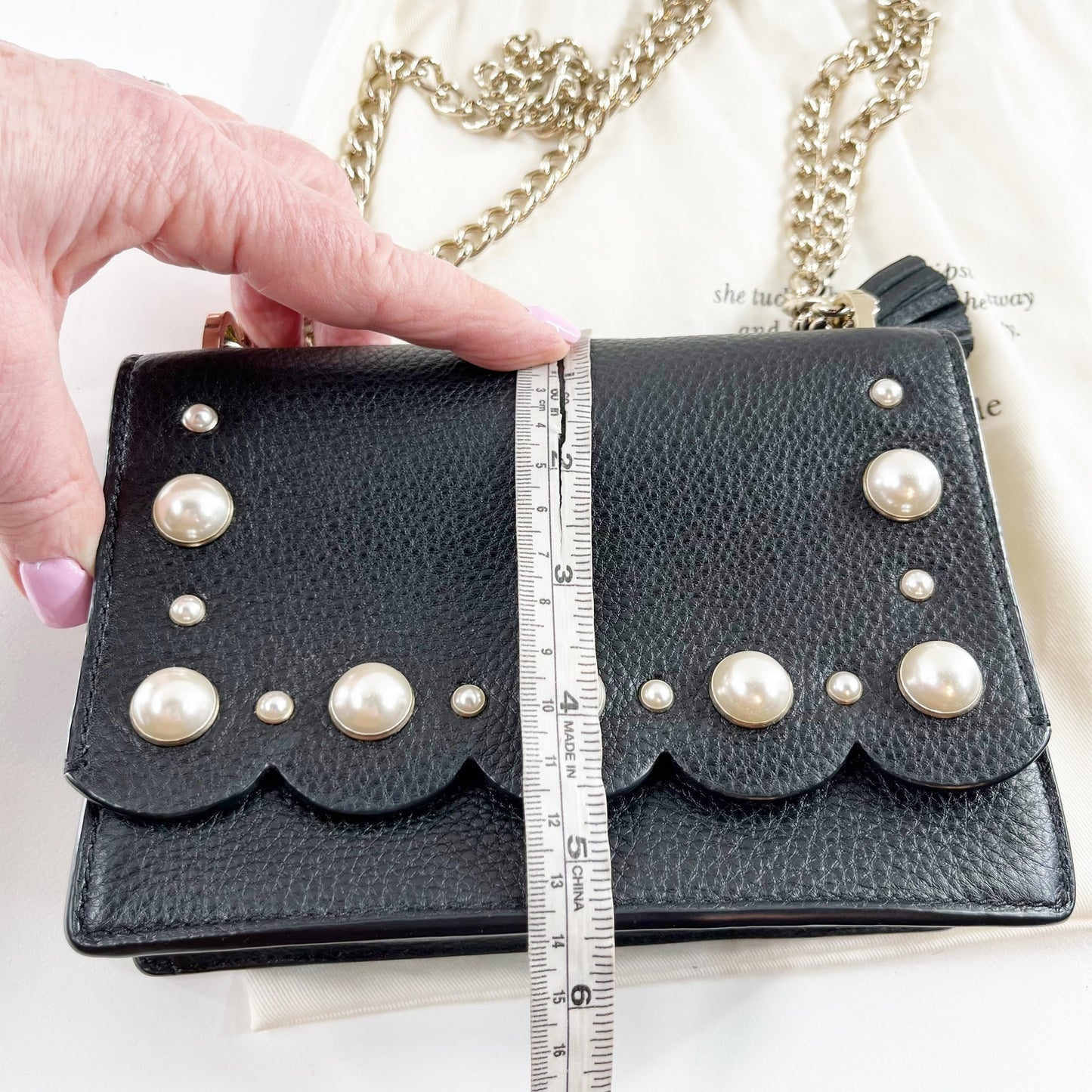 Kate Spade Hayes Street Pearl Studded Chain Crossbody Leather Purse Black