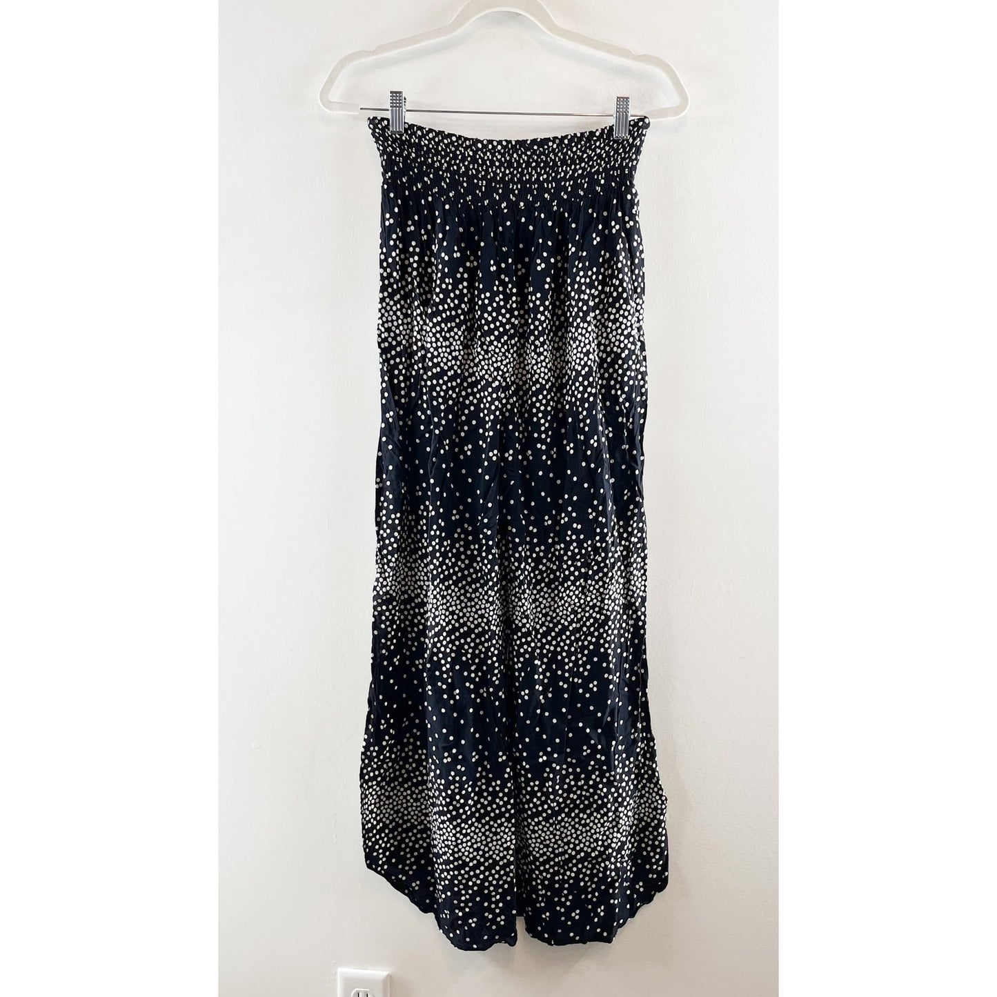 Blue Island Dotted Strapless Smocked Wide Leg Beach Pants Black White Large