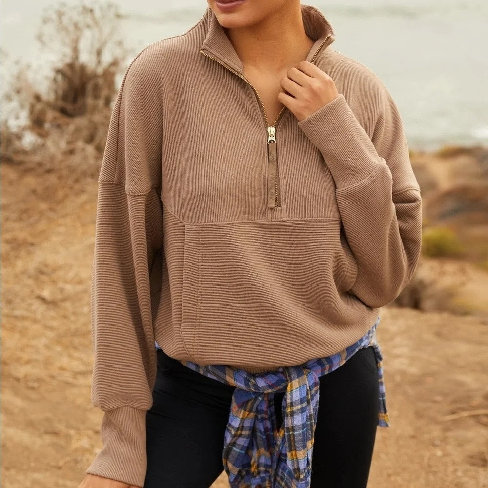 Varley Acadia 1/2 Zip Ottoman Ribbed Pullover Sweatshirt Brown Taupe XS