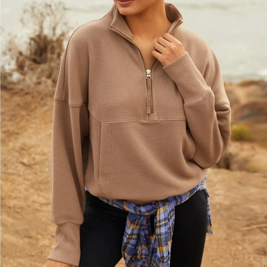 Varley Acadia 1/2 Zip Ottoman Ribbed Pullover Sweatshirt Brown Taupe XS