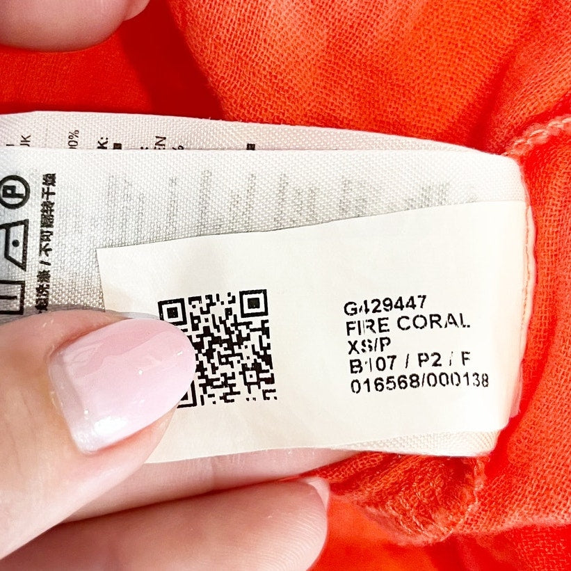 GAP Crinkle Gauze Tiered 3/4 Sleeve Mini Dress Fire Coral Orange XS Petite