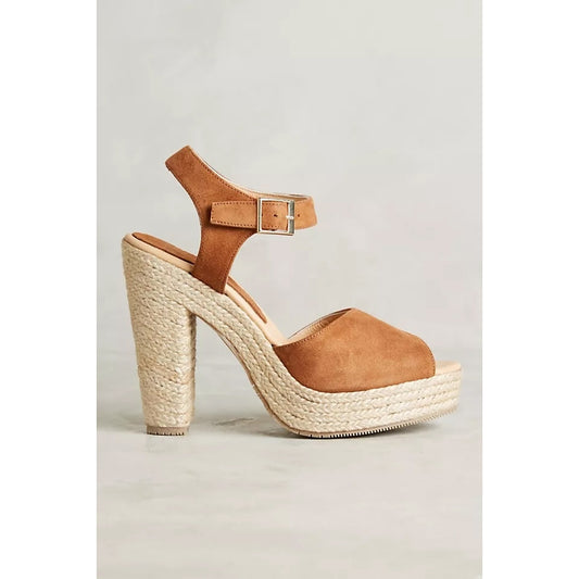 Andre Assous Sasha Suede Espadrille High Heel Sandals Shoes Brown Tan 8