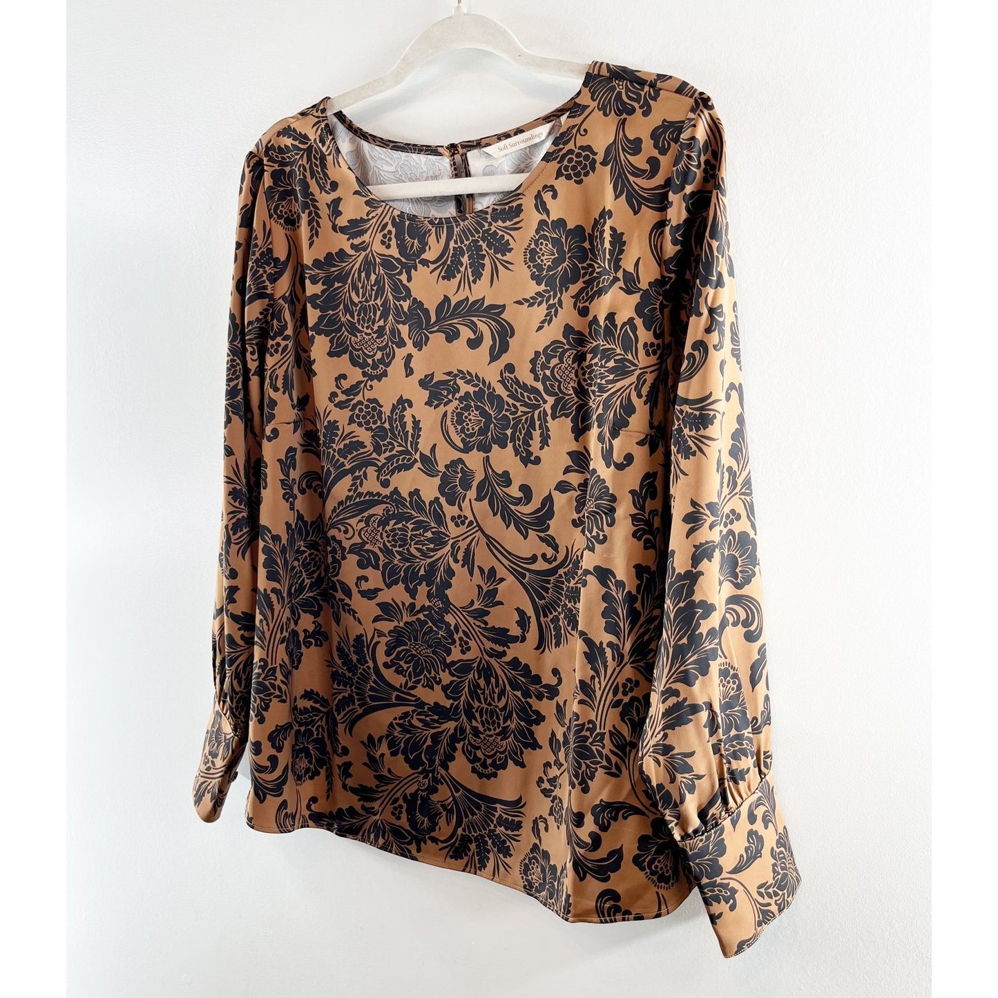 Soft Surroundings Long Sleeve Satin Paisley Blouse Top Brown Black Large