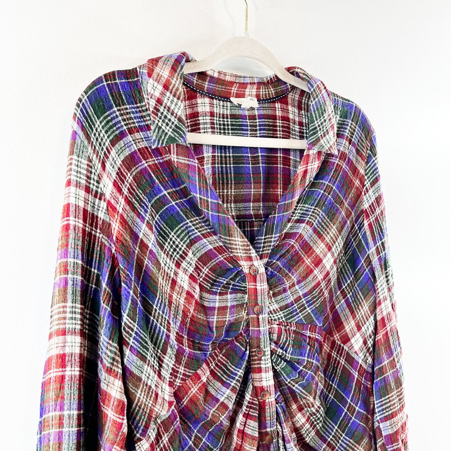 Anthropologie Pilcro Ruched Deep V Plaid Buttondown Shirt Blue Red Large