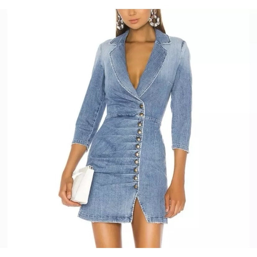 Retrofete Willa Long Sleeve Snap Button Light Wash Denim Mini Dress Blue Small