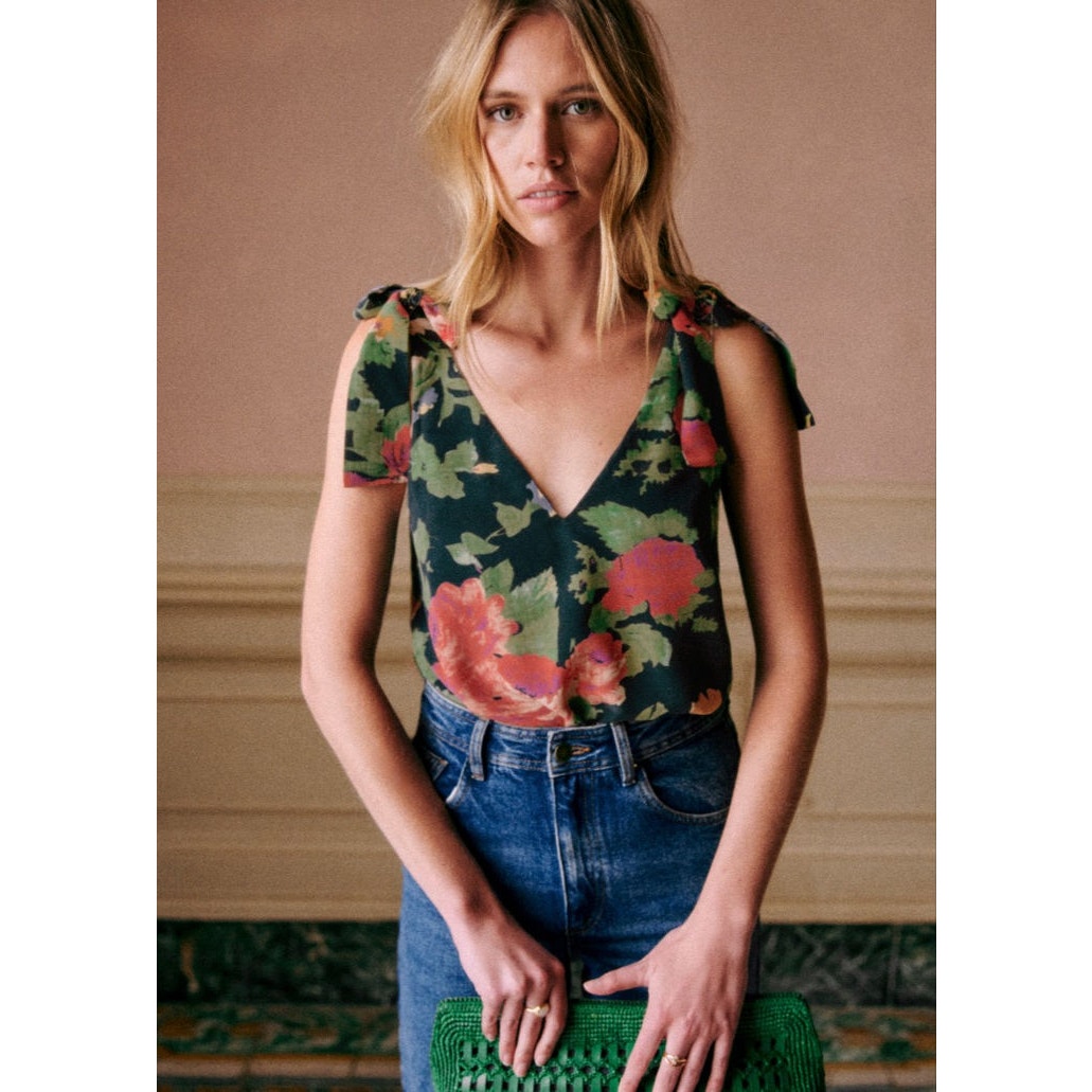 Sézane Lara Sleeveless Tie Shoulder Blouse Top Vibrant Multi-Color Floral 34