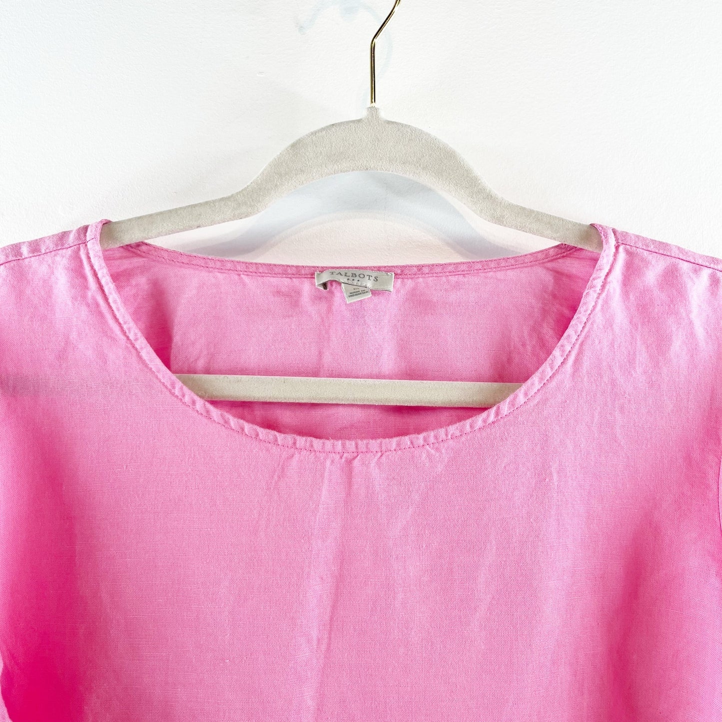 Talbots Linen Blend Short Puff Sleeve Side Slit Tee Shirt Blouse Top Pink Medium