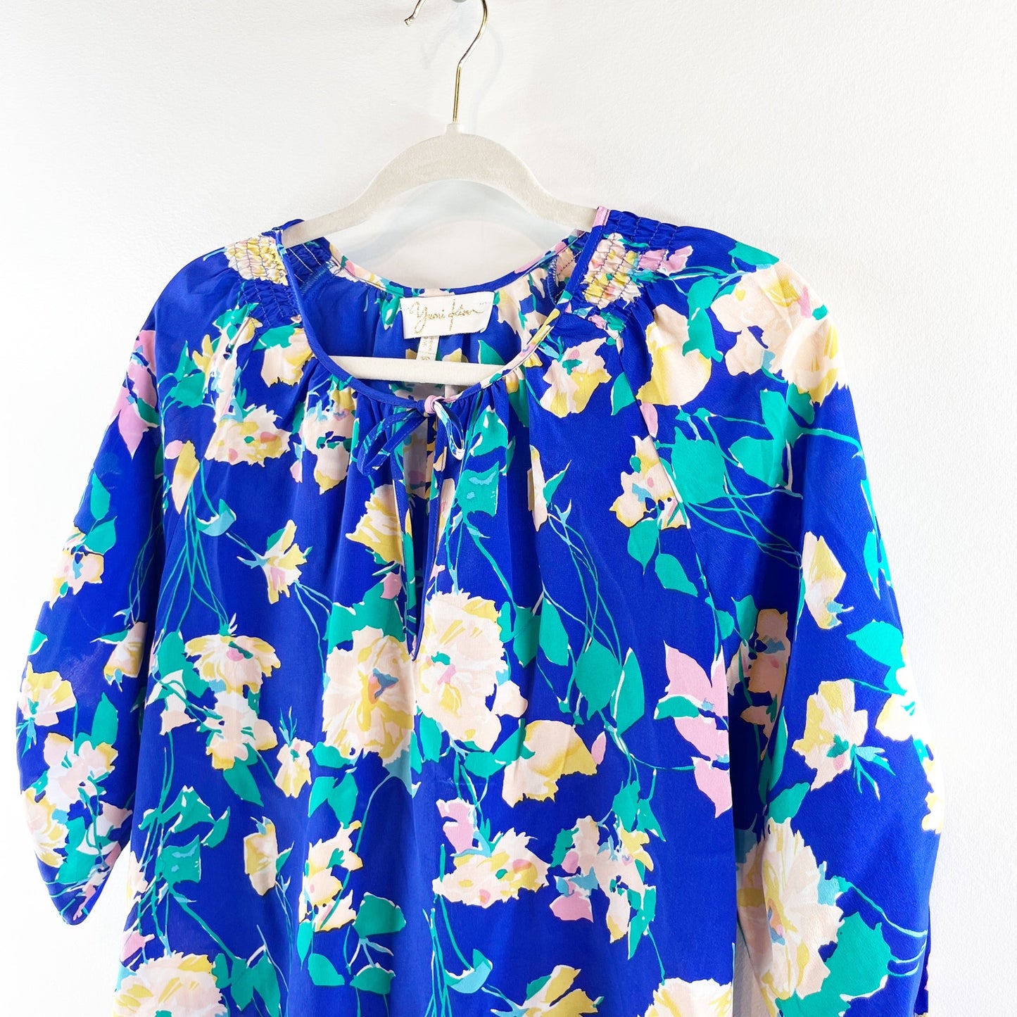 Yumi Kim Blue Floral 100% Silk 3/4 Sleeve Blouse Top Shirt Blue Yellow  XS