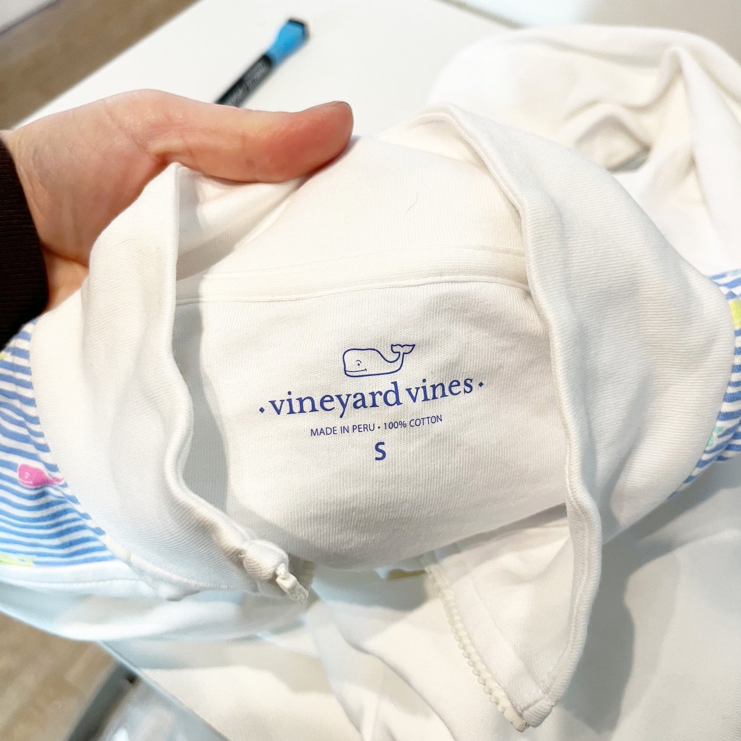 Vineyard Vines 1/4 Zip Shep Pullover Sweatshirt White Blue Small