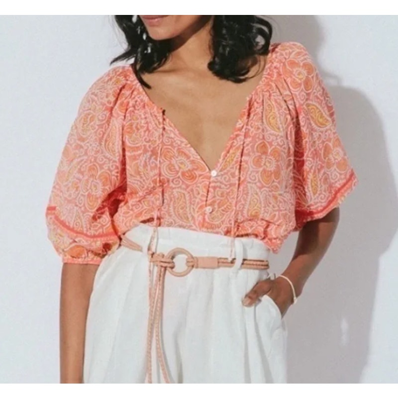 Cleobella Layla Short Puff Sleeve Button Front Tassel Drawstring Blouse Orange