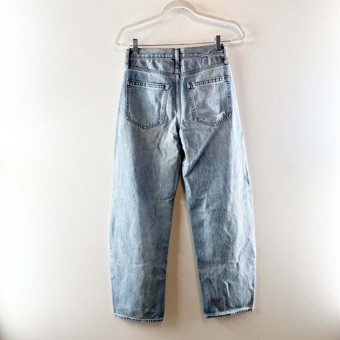 GAP High Rise Distressed Barrel Ankle Jeans Light Wash Blue 25