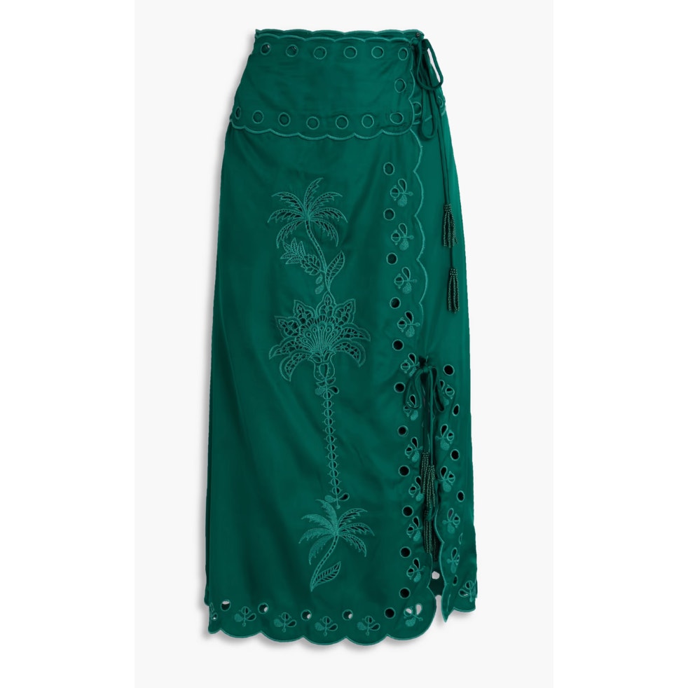Farm Rio Richilieu Broderie Anglaise Satin Wrap Midi Skirt Green XS