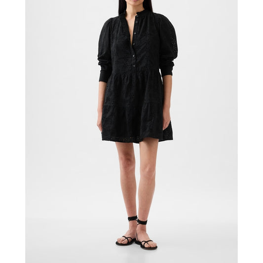 GAP Eyelet Long Sleeve Button Up Cotton Tiered Mini Shirtdress Black Small