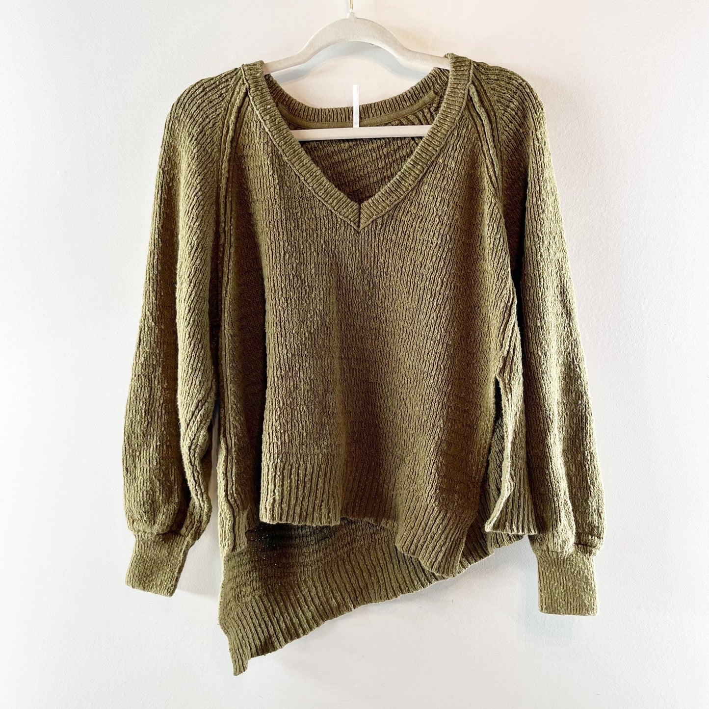 Free People West Coast Asymmetrical V Neck Long Sleeve Sweater Green XS