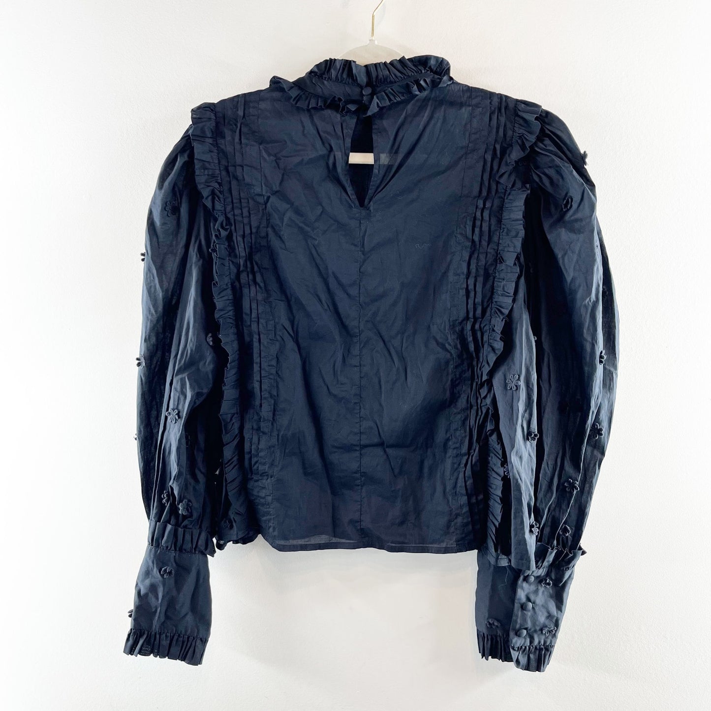 FARM Rio 3D Flower Long Sleeve High Neck Ruffle Blouse Black Large