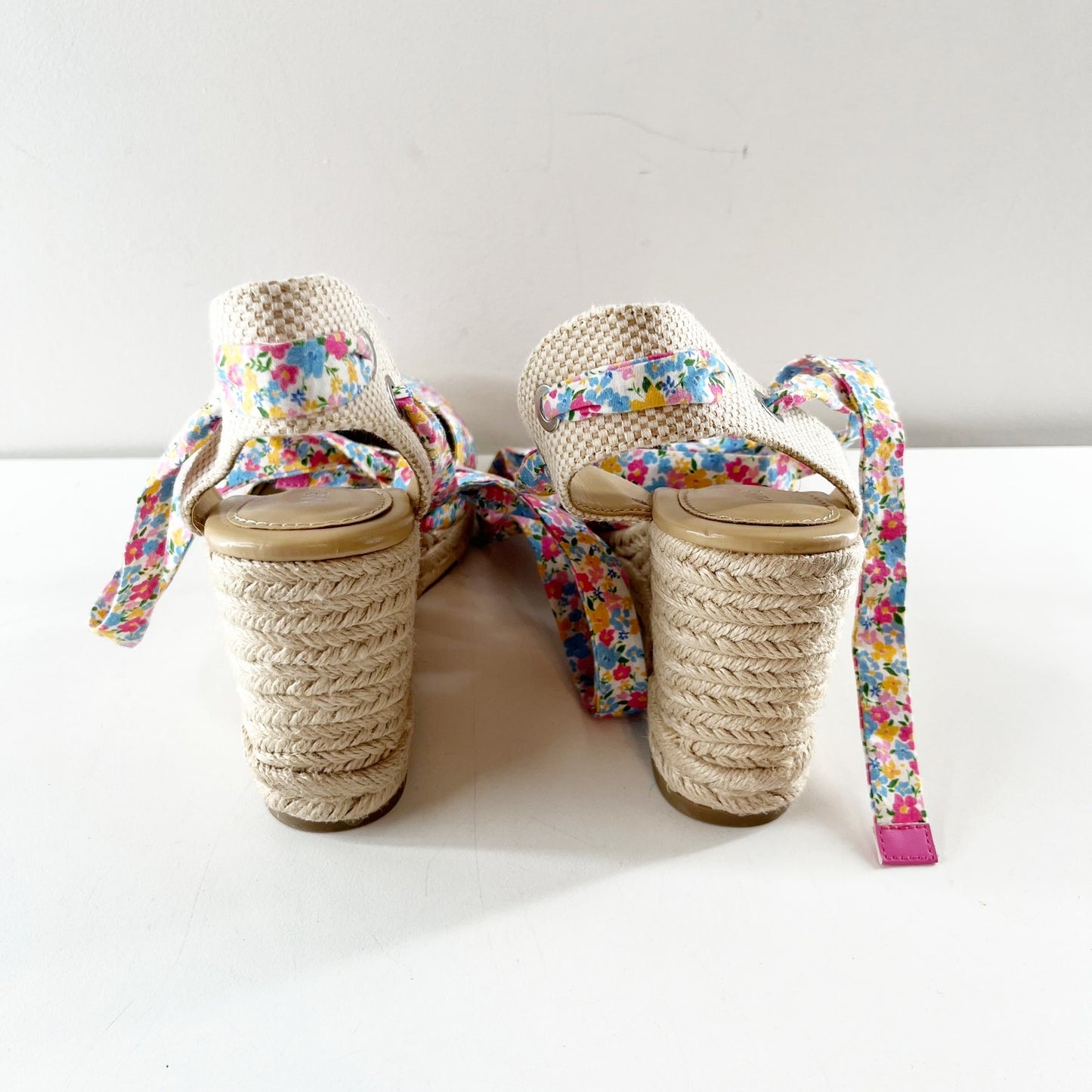 Nine West Friend Ditzy Floral Ankle Wrap Espadrille Wedge Sandals Pink Blue 7