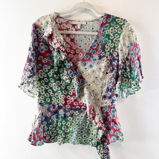 Eri + Ali Anthropologie Short Sleeve Floral V Neck Ruffle Blouse Top Green Pink