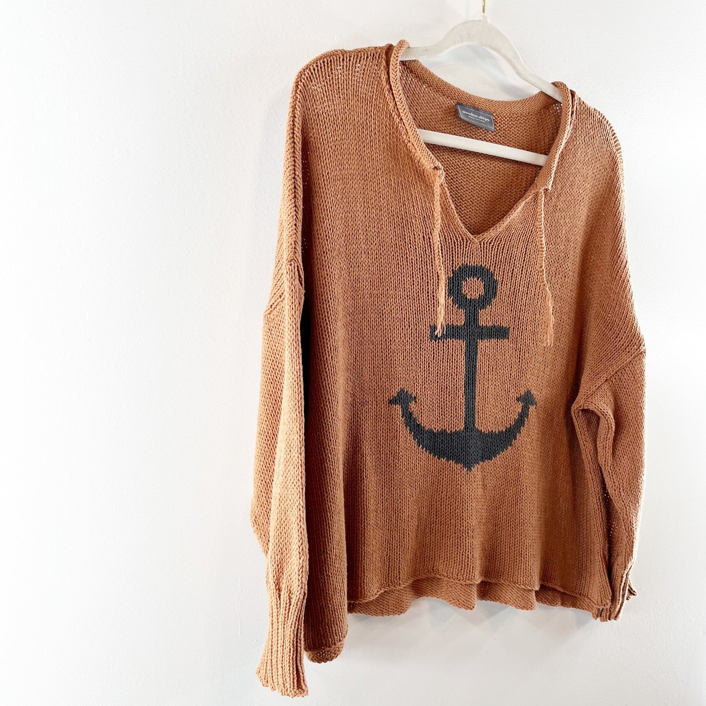 Wooden Ships Long Sleeve V Neck Cotton Anchor Sweater Brown M / L