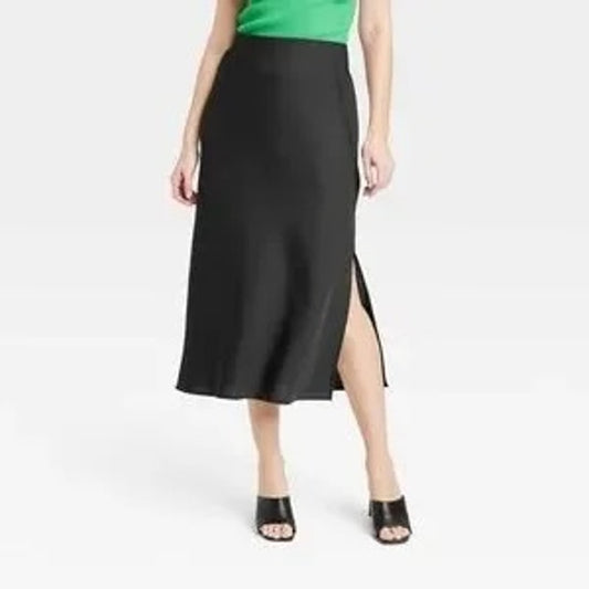 A New Day Elastic Waist Pull On Midi Satin Slip Skirt Black Large