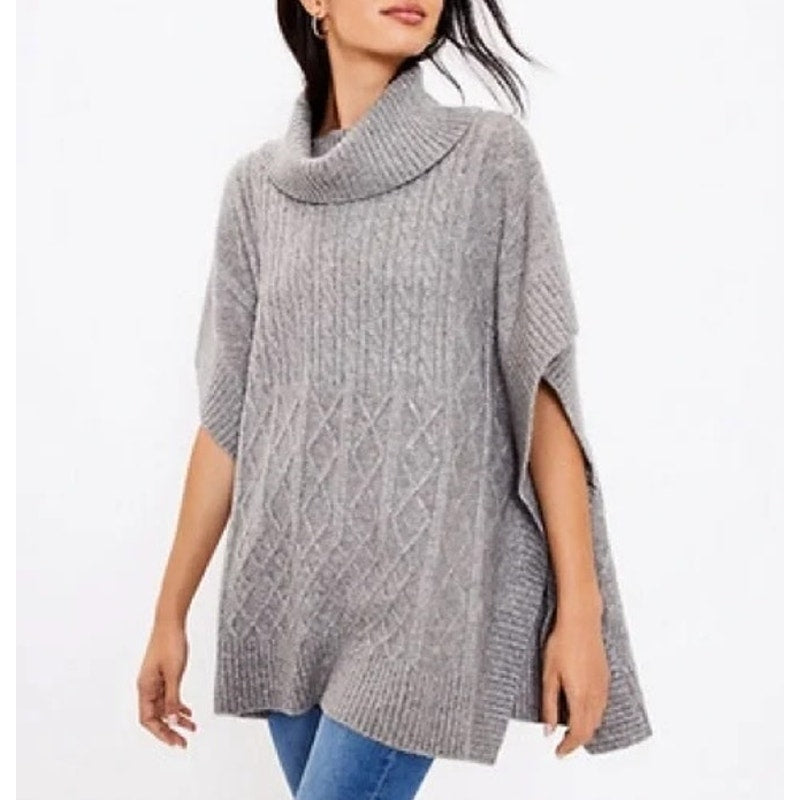 LOFT Turtleneck Cable Knit Short Sleeve Poncho Sweater Gray XS / S