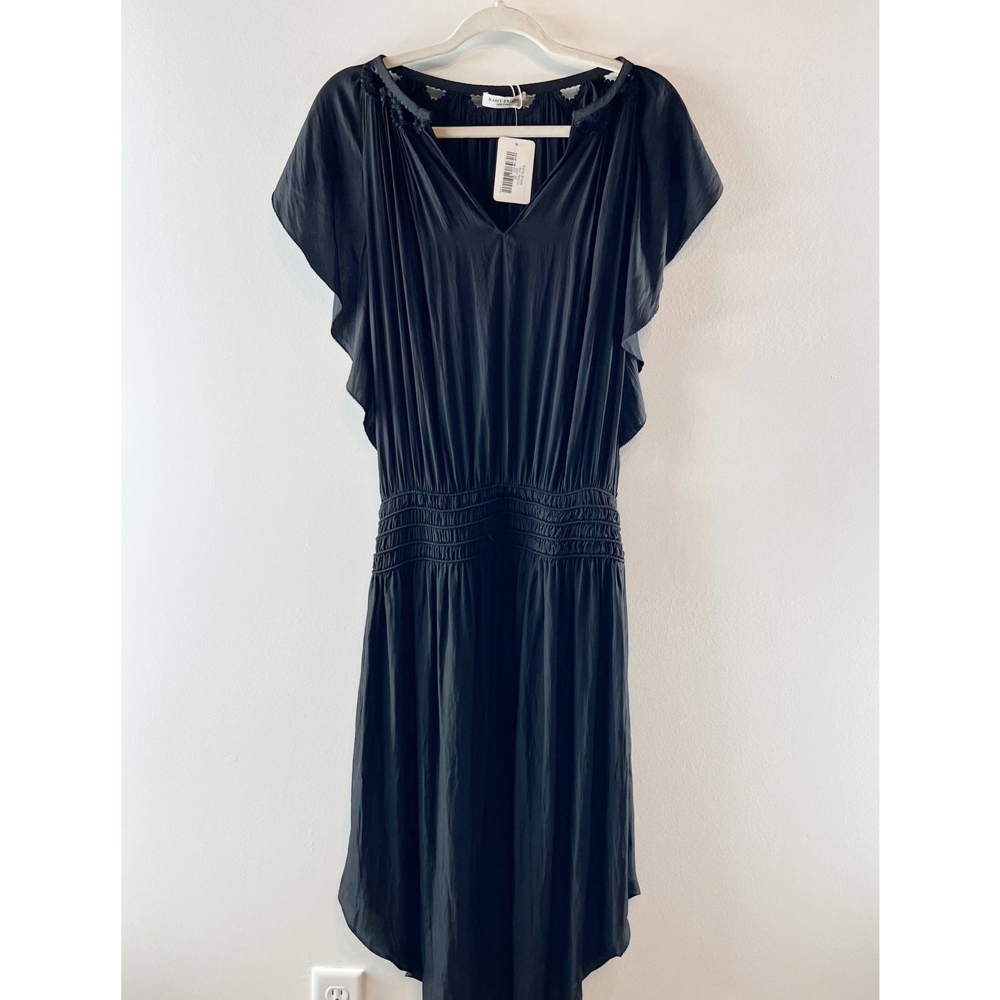 Ramy Brook Wrenn Flutter Sleeve Smocked Waist Midi Satin Dress Black Medium