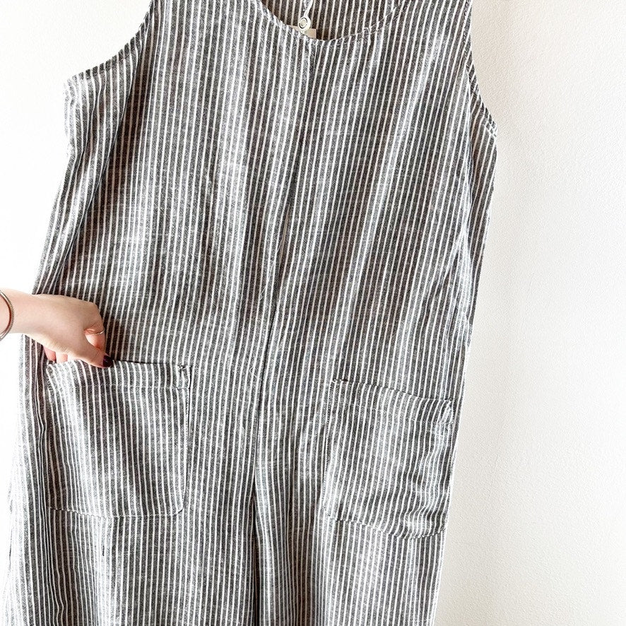 Max Studio Linen Blend Wide Leg Striped Scoopneck Jumpsuit Blue White XL