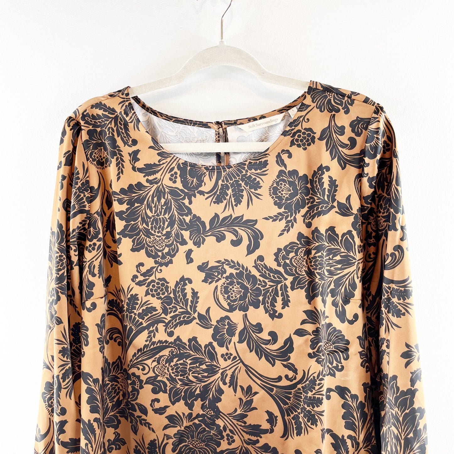 Soft Surroundings Long Sleeve Satin Paisley Blouse Top Brown Black Large