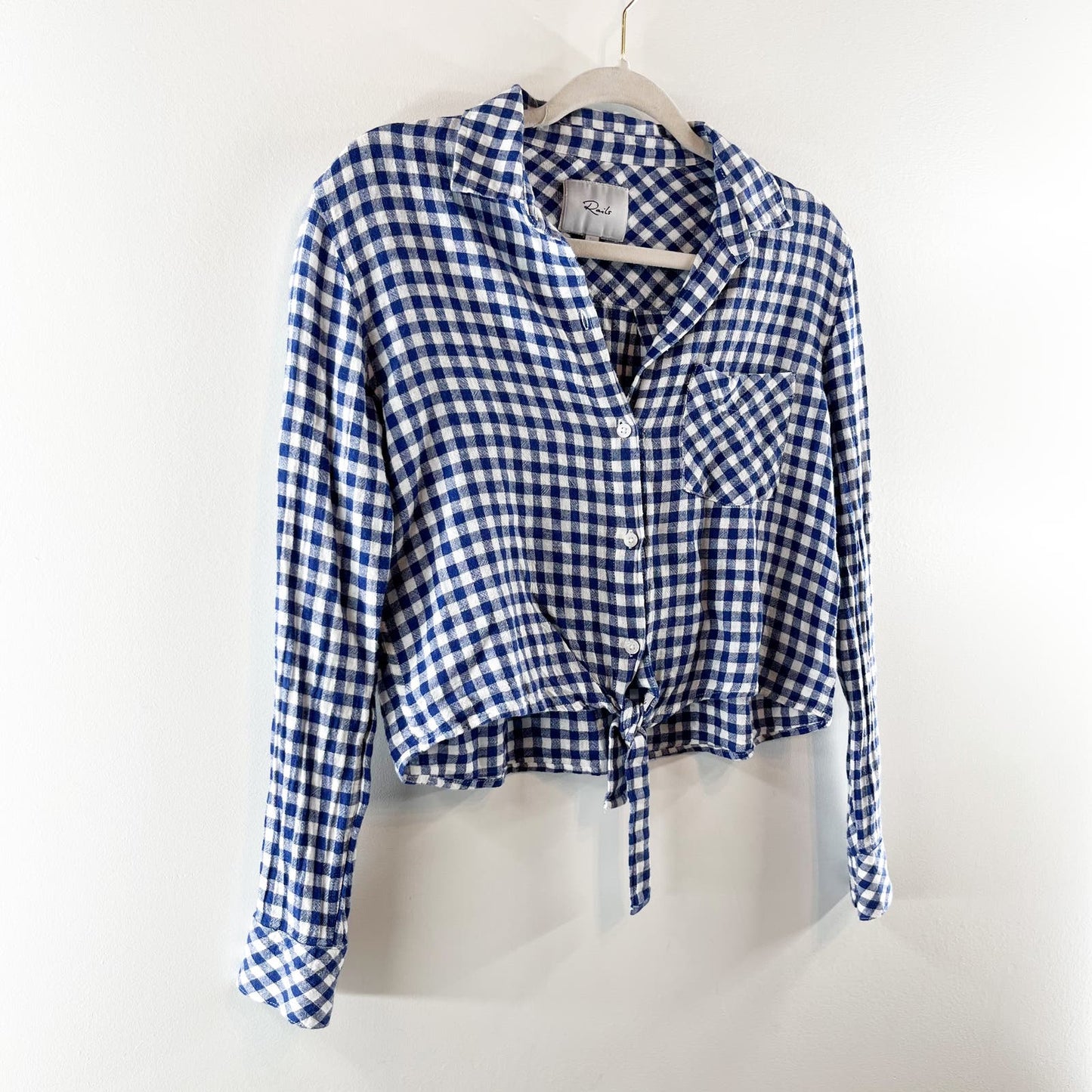 Rails Val Tie Front Button Up Gingham Plaid Linen Blend Shirt Top Blue XS