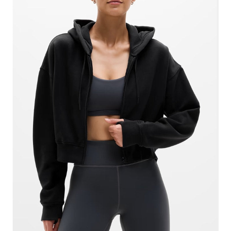 Athleta Forever Fleece Cropped Full Zip Hoodie Sweatshirt Black Medium