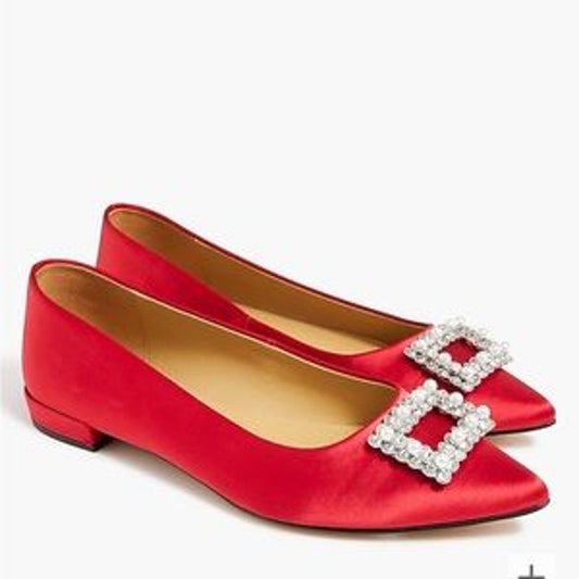 J. Crew Crystal Embellished Pointed Toe Satin Flats Shoes Ruby Red 8