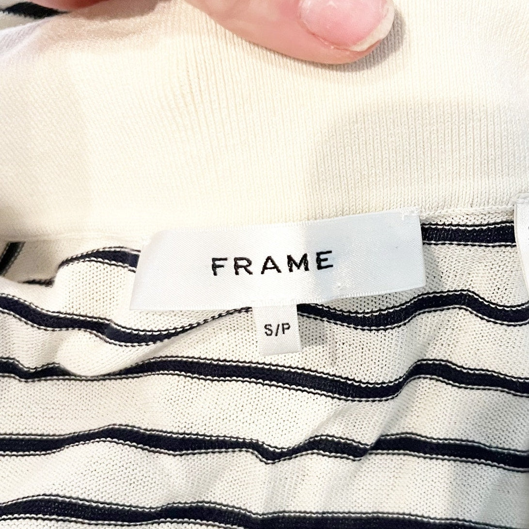 FRAME The Keyhole Polo Striped Short Sleeve Knit Top in Cream Multi Small