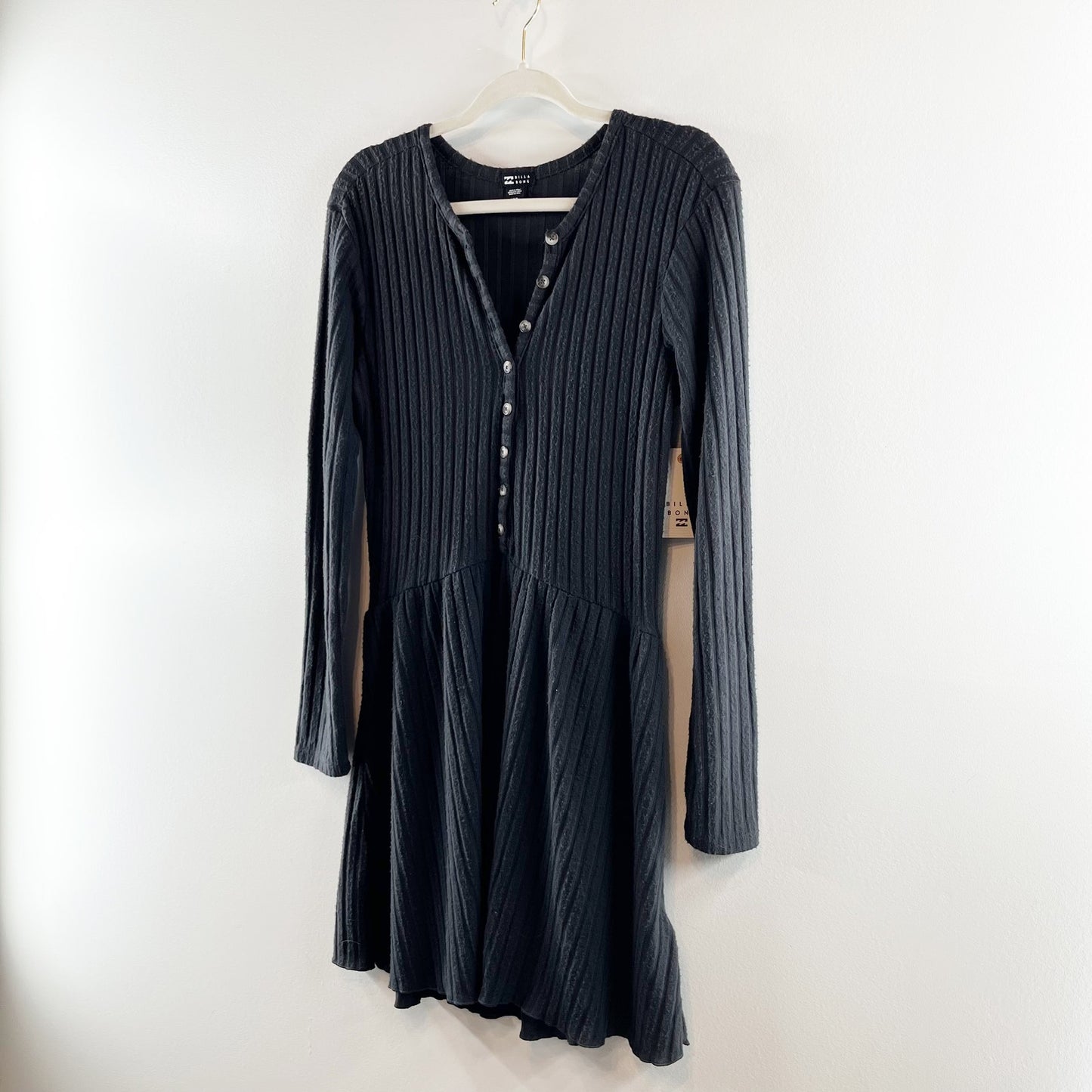 Billabong Always Lounging Long Sleeve Henley Neck Rib Mini Dress Black Medium