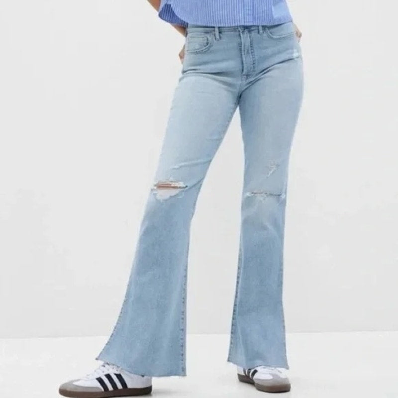 GAP '70s High Rise Distressed Split Hem Flare Jeans Light Wash Blue 33 / 16