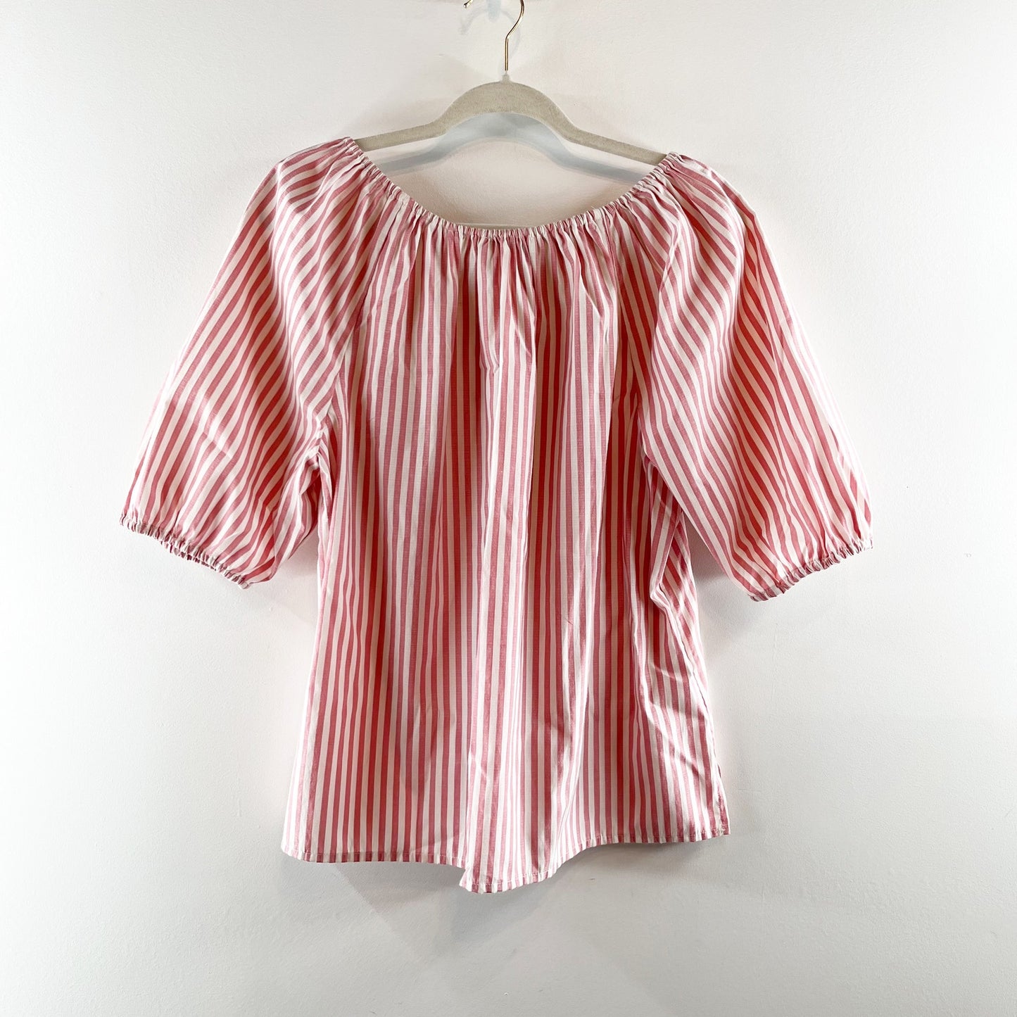 LOFT Off The Shoulder Puff Short Sleeve Blouse Top Striped Pink White Large