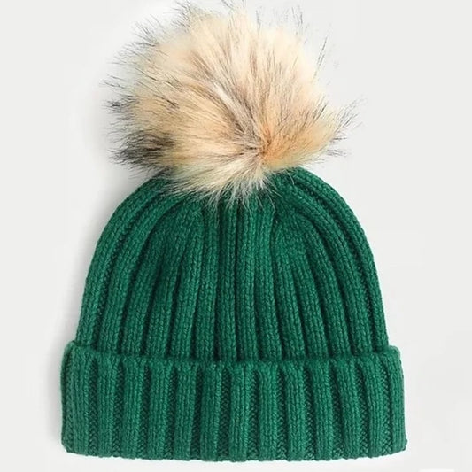 J. Crew Ribbed Faux Fur Pom Pom Beanie Wool Blend Hat Green