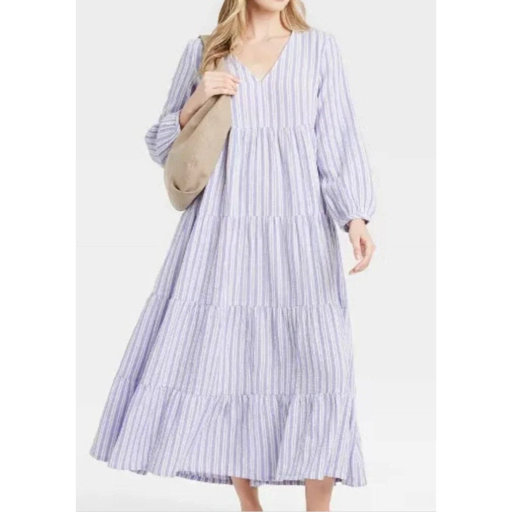 Universal Thread Long Sleeve V Neck Striped Cotton Maxi Dress Purple Medium