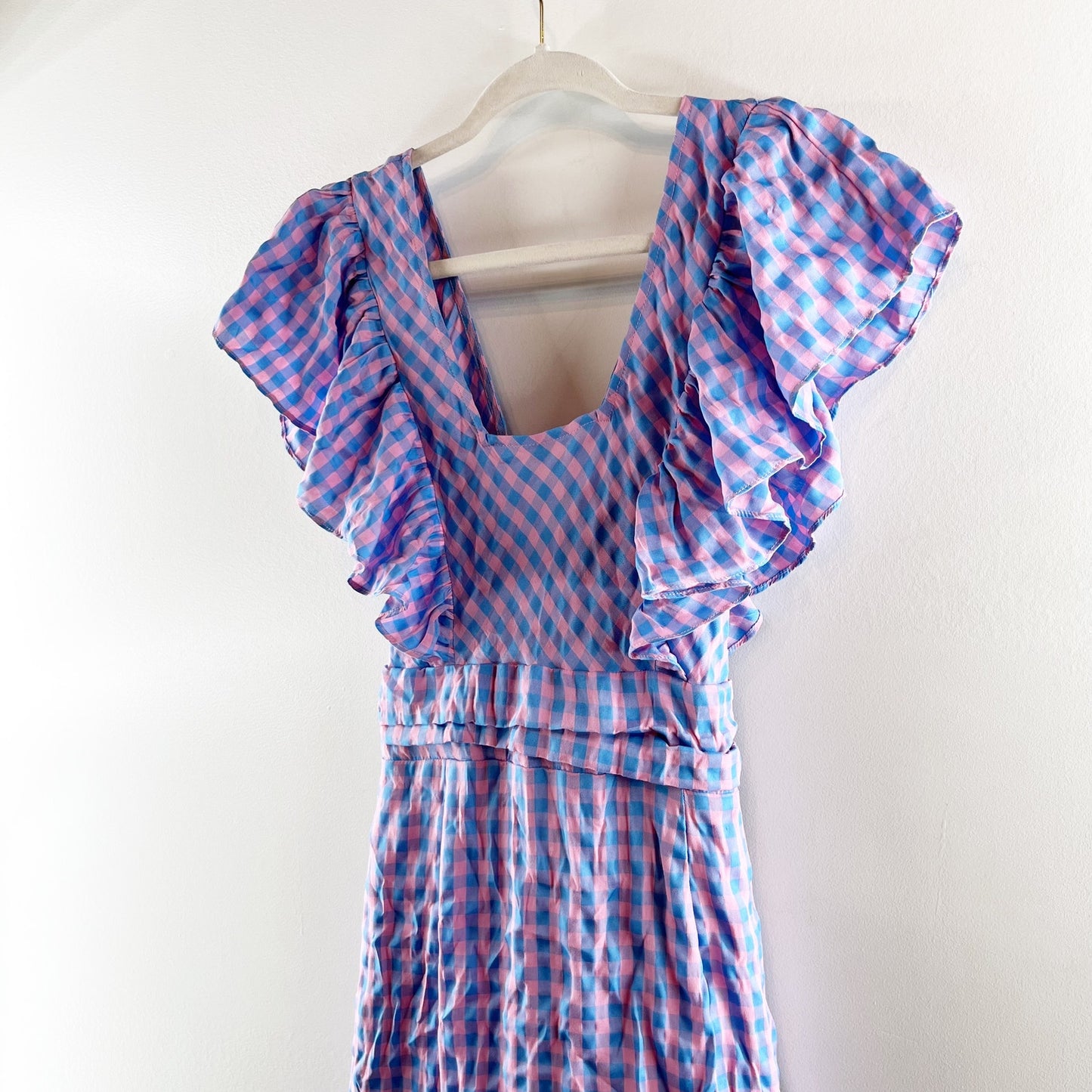 Entro Gingham Print Flutter Sleeve Square Neck Maxi Dress Purple Pink Medium