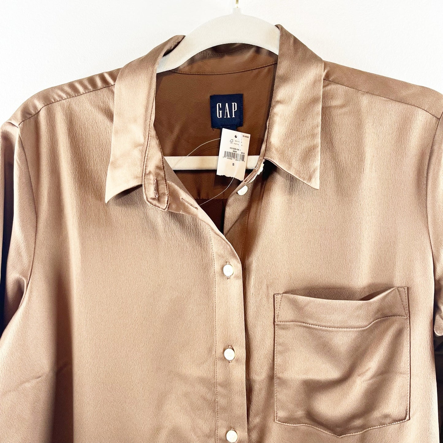 Gap Satin Long Sleeve Chest Pocket Collared Button-Up Shirt Cozy Brown Small