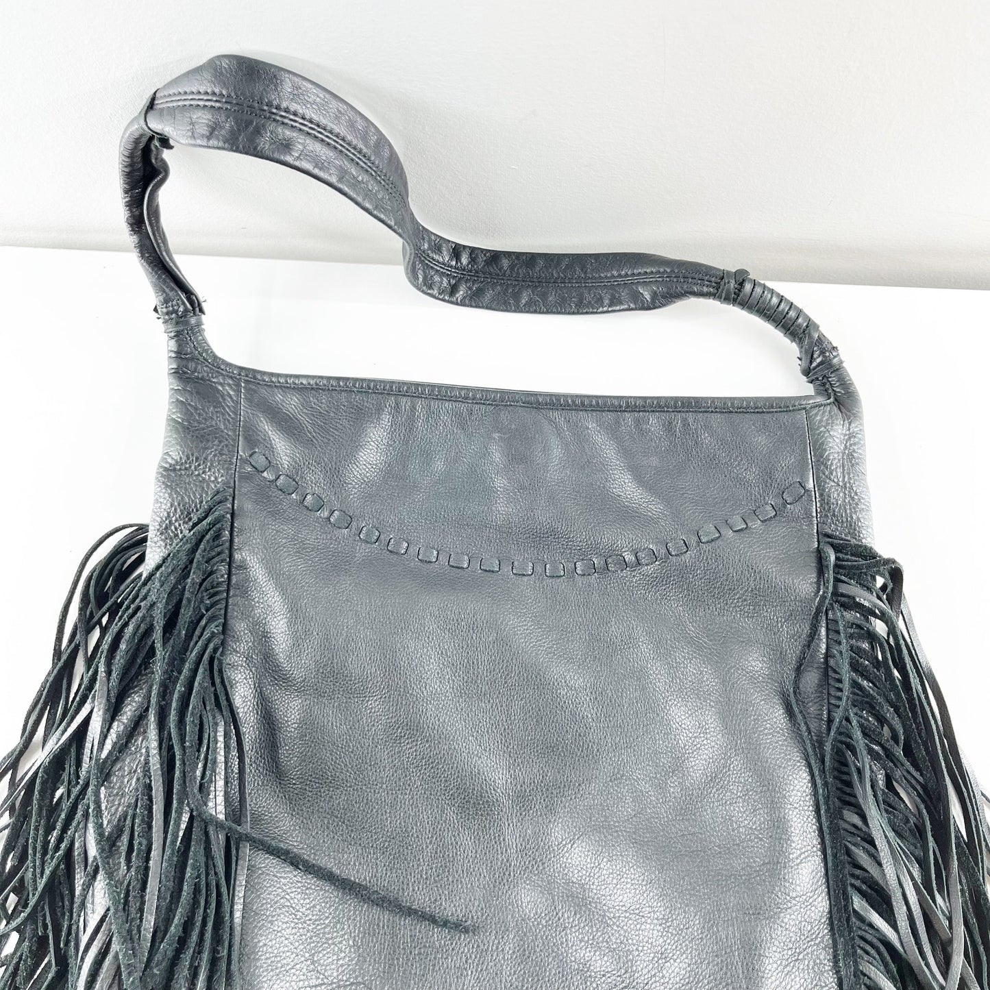 Margot Leather Fringe Hobo Shoulder Bag Purse Black